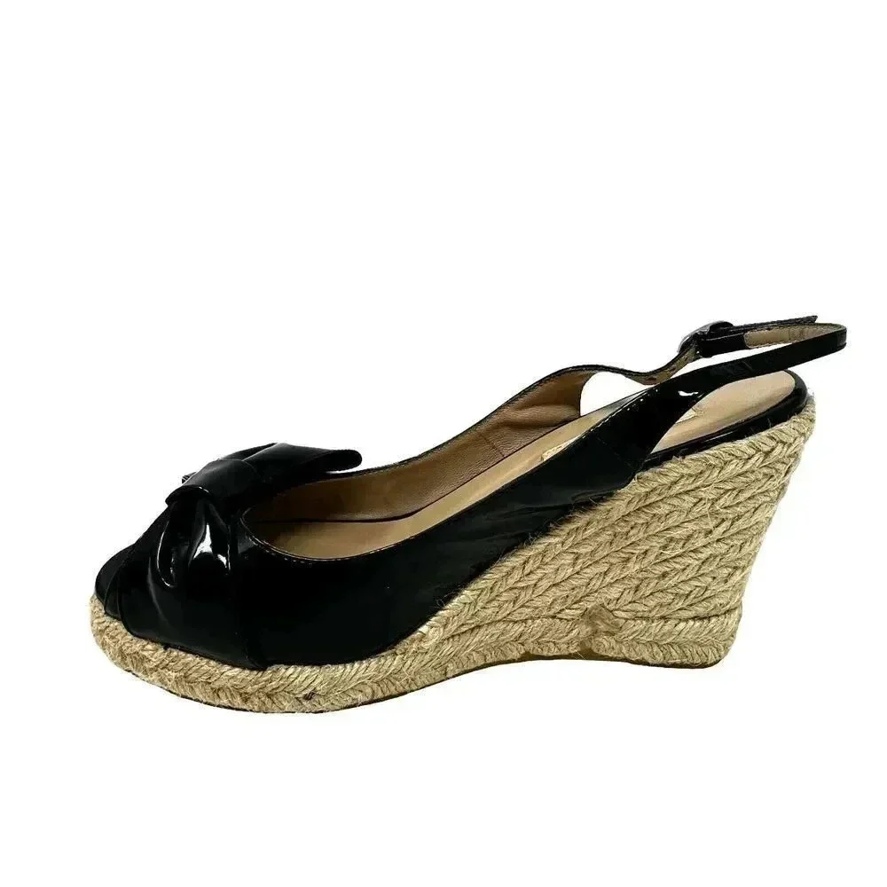 Valentino Garavani size 7 37 Espadrille Wedge Black patent leather sandal w/box